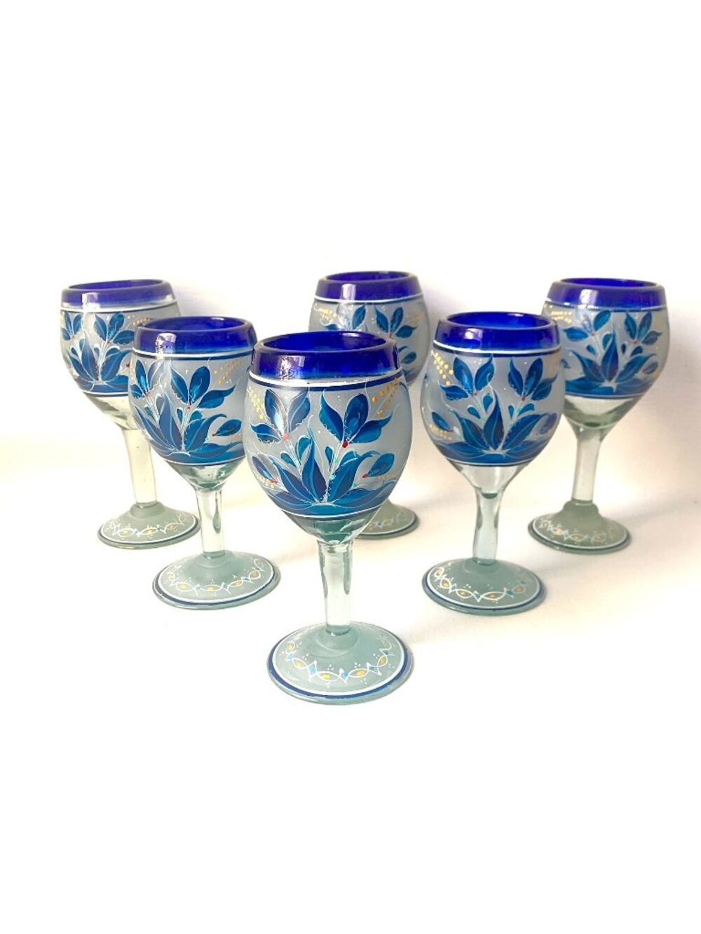 6 Vintage Tonala Mexican Wine Glasses Hand Blown Folk Art Blue Birds Barware